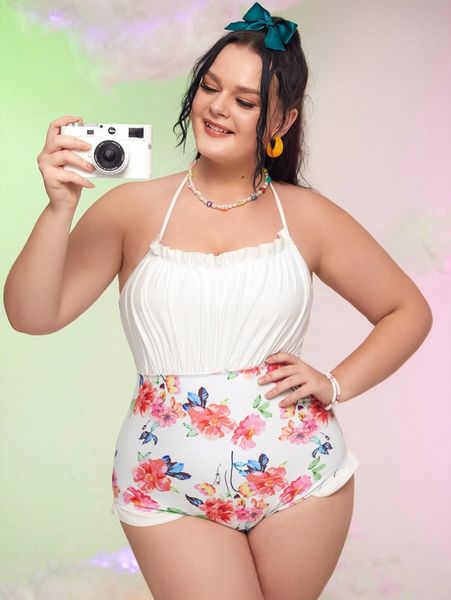 

plus floral print ruched one piece swimsuit m5v6#, Black
