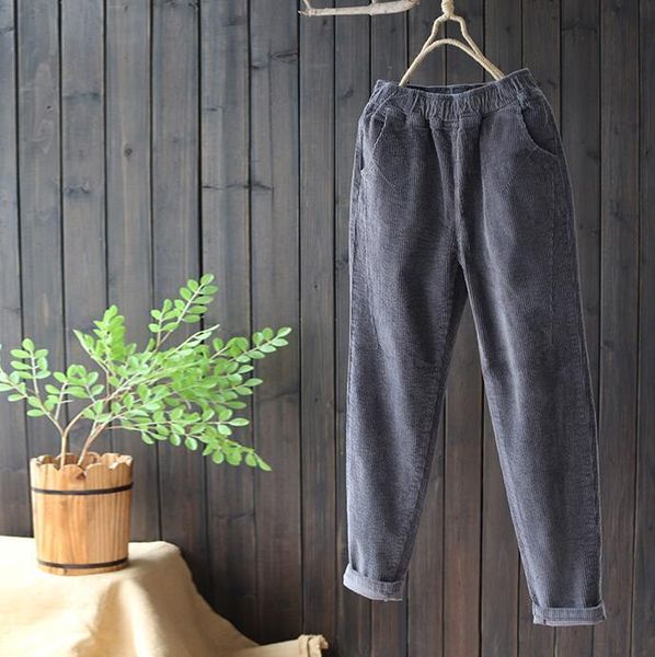 

women's pants & capris 2021 women corduroy elastic waist loose fashion straight solid color autumn winter pockets casual trousers, Black;white