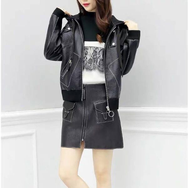 

women's leather & faux autumn and winter 2021 korean versatile casual fashion short jacket, Black