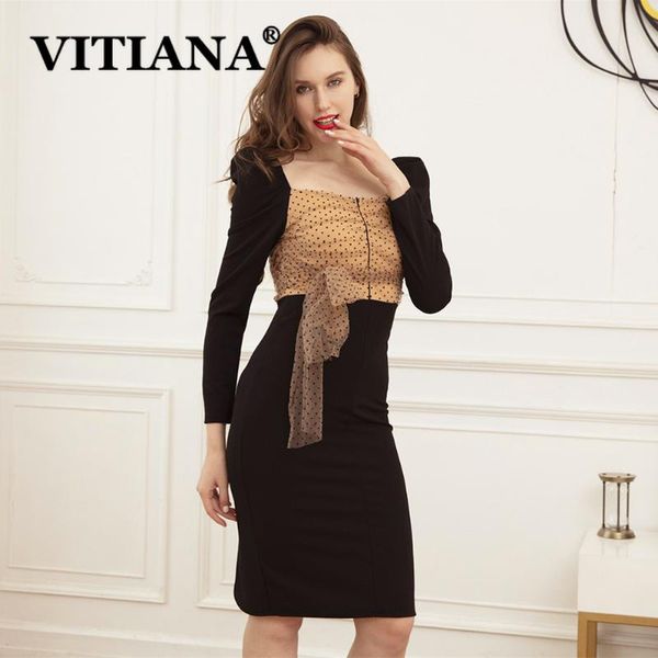 

casual dresses vitiana women elegant midi dress for spring 2021 female long sleeve dot slim bodycon femme office black vestidos, Black;gray
