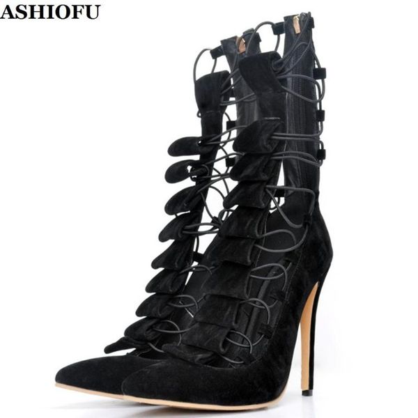 

dress shoes ashiofu handmade ladies stiletto high heel pumps faux-suede party cross shoelace evening fashion pump, Black