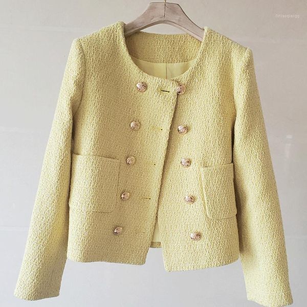 

women's jackets luxury design women o-neck long sleeve double breasted tweed jacket coat vintage autumn spring outwear, Black;brown