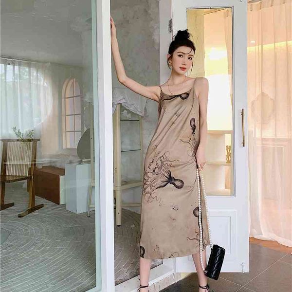

casual dresses ocs print backless brown long slip summer spaghetti strap midi cami holiday clothes pekz, Black;gray