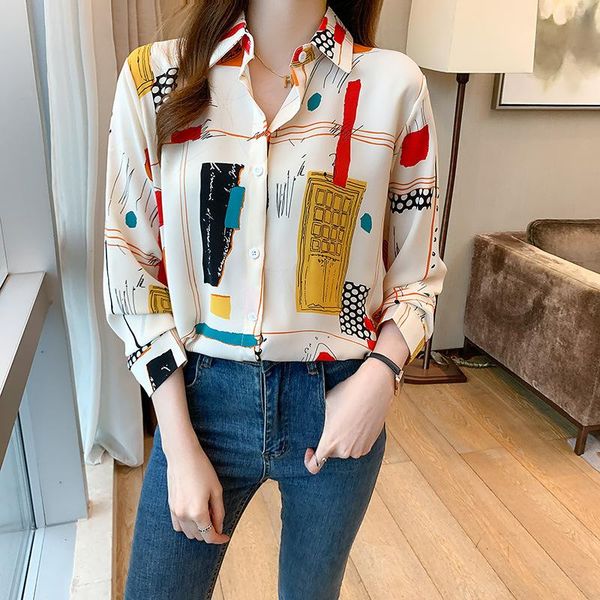 

women's blouses & shirts fashion retro hong kong elegant printed snow spinning shirt french cotton large girl long sleeve lady b108, White