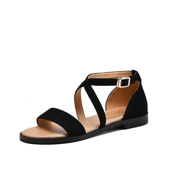 

women flat sandals 2021 fashion summer shoes genuine leather ladies big size, Black