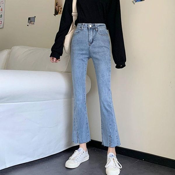 

women's jeans kalenmos blue front slit bell bottom woman elastic skinny flare denim pants streetwear ankle-length trousers