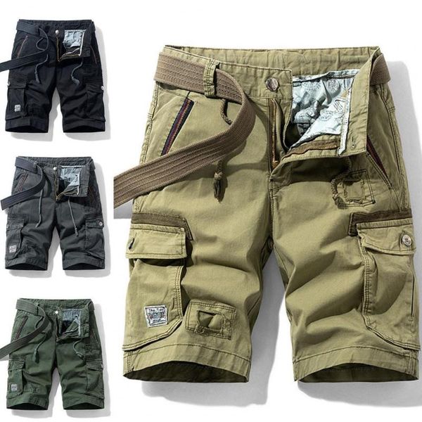 

men's shorts men casual solid color knee length male cargo all match mid waist multi pockets loose streetwear, White;black