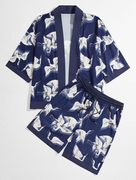 

men crane print contrast binding kimono & shorts 37yg#, Gray