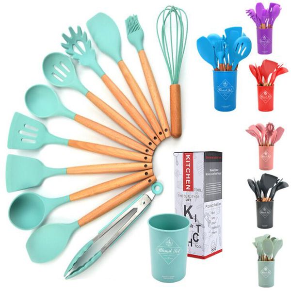 Set di utensili da cucina in silicone FDA standard antiaderente silice resistente al calore accessori per utensili da cucina con manico in legno