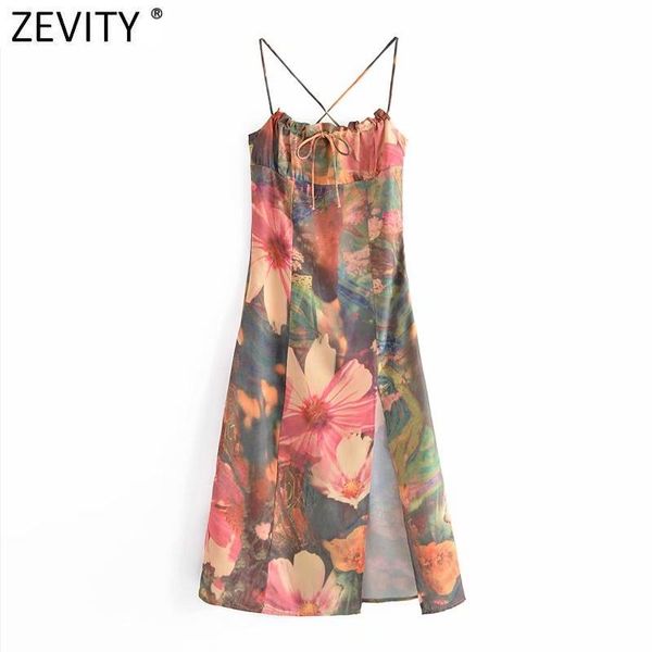 

casual dresses zevity women tropical floral print split sling dress female backless lace up boho midi vestido summer breach 8370, Black;gray