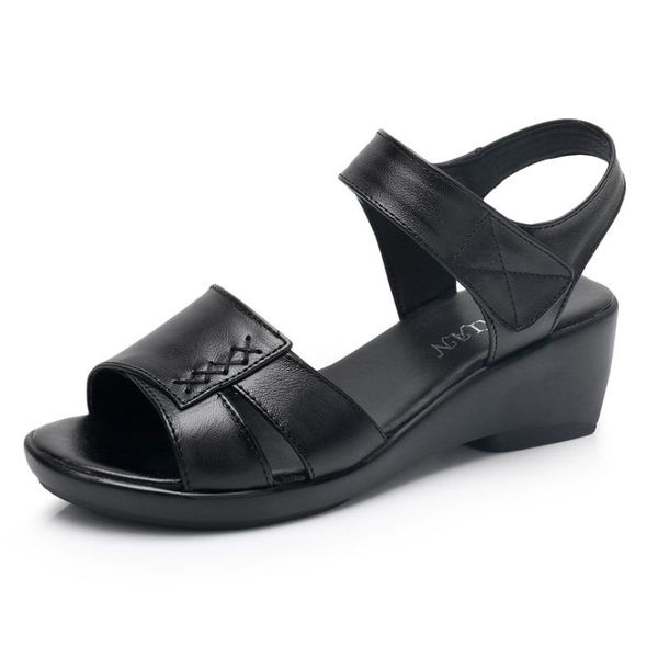 

sandals 2021 women genuine leather wedge female black peep toe shoes