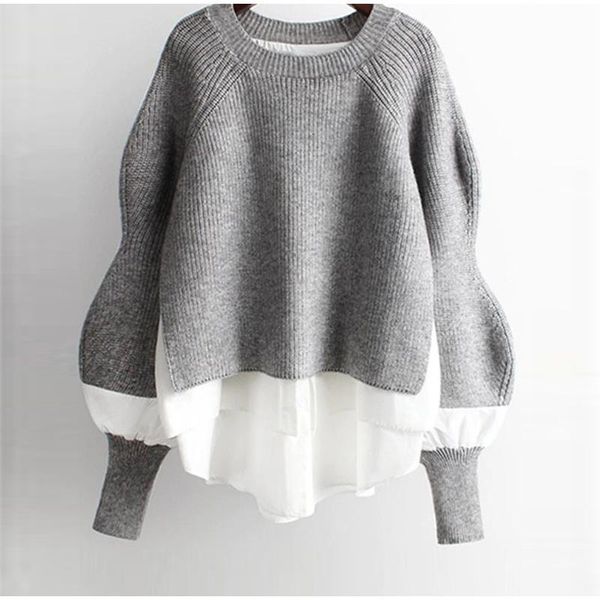 

women's sweaters [ewq] 2021 autumn winter warm clothing knitted patchwork women sweater long sleeve o-neck oversize korean pullover, White;black