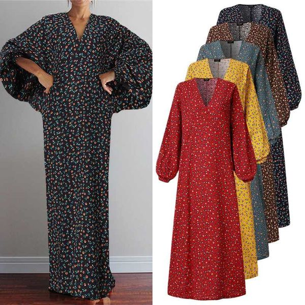 

dresses floral printed long maxi bohemian dress for women deep v neck vestidos 2021 vonda vintage casual sundress, Black;gray