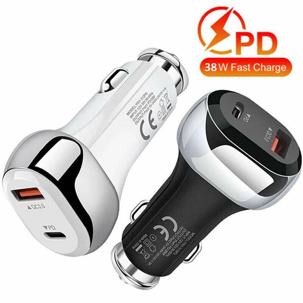 USB-C Carregador de carro PD 38W Tipo-C Dual Port QC3.0 USB Rápido Carregamento In-CAR Adaptador de Carga Rápida Mini Carros Universais Carregadores de telefone