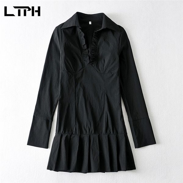 TLPH Ins Stil Einfaches schwarzes Hemdkleid Frauen Langarm Revers Falten Elegante Rüschen Sexy Kurze Plissee Kleider Herbst 210427