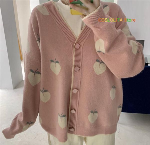 

women's vests spring autumn japanese women long sleeve coat v-neck sweater cardigan peach print vintage loose wild student preppy style, Black;white