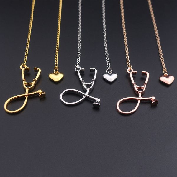 

stethoscope necklace lariat heart pendant rose gold gold black color est nurse medical necklace collares bijoux, Silver