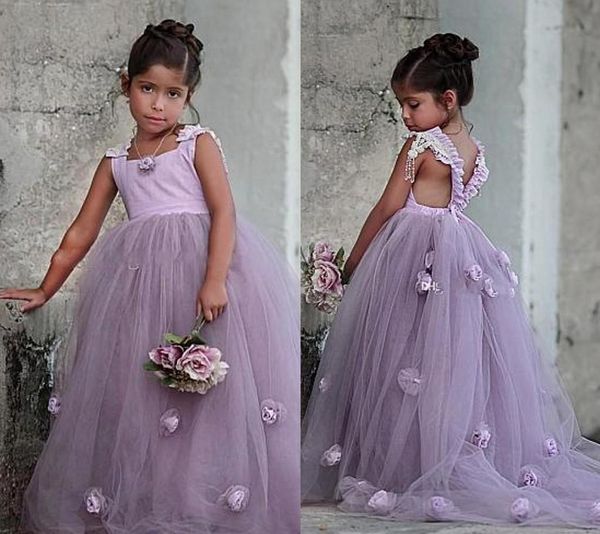 Lavendar Wunderschönes Rüschen-Blumenkleid mit 3D-Blumen, Mädchen-Festzug-Kleider für Hochzeit, ärmellos, bodenlang, A-Linie, Kommunionkleid