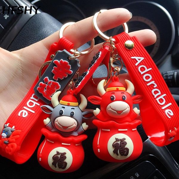 

keychains 2021 creative the year of ox doll keychain gift car decor goods bag pendant keyring purse accessories, Silver