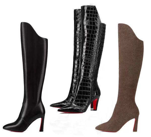 

winter classic luxury lady red bottoms boot eleonor botta knee boots women suede leather high heels over knees booty eu35-43 with box, Black