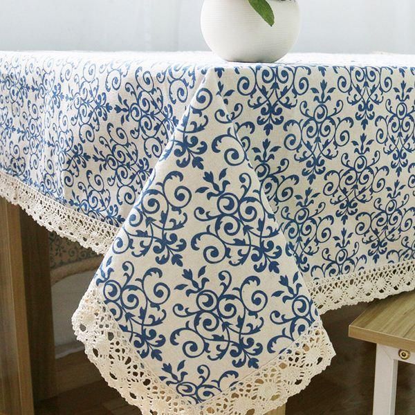

retro blue and white table cloth with lace cotton print chinese style rectangular dinning tablecloths cover home decor