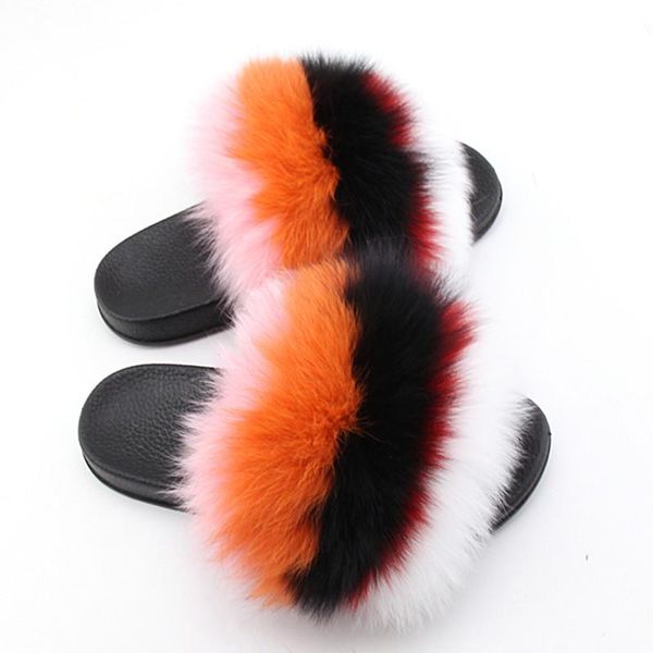 

slippers fur real women fluffy mixed colors slides pu sandals with female rubber house flip flops plush shoes, Black