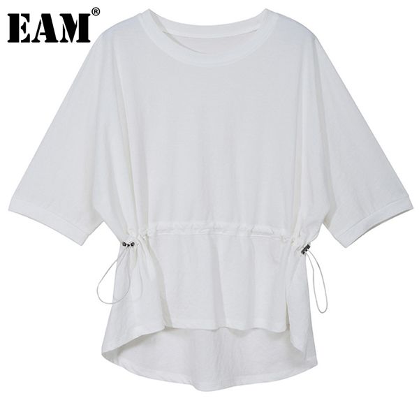 

[eam] women black big size bandage pleated t-shirt round neck three-quarter sleeve fashion spring summer 1dd664801 21512, White