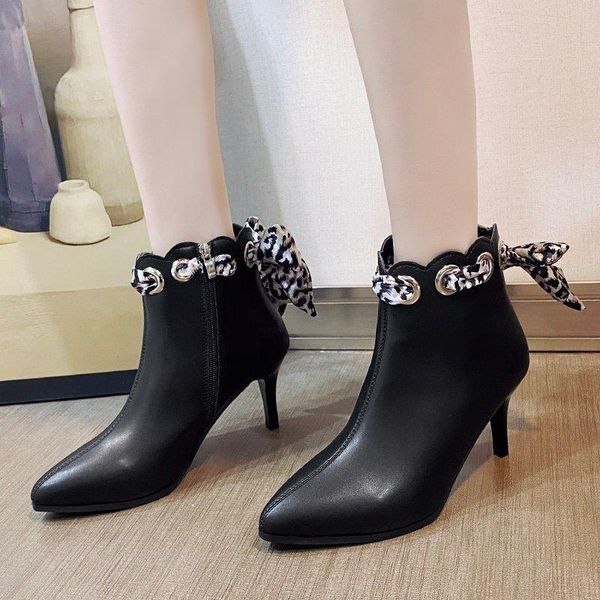 

boots women's ankle leather shoes metal buckle women crystal high heels platform ladies short, Black