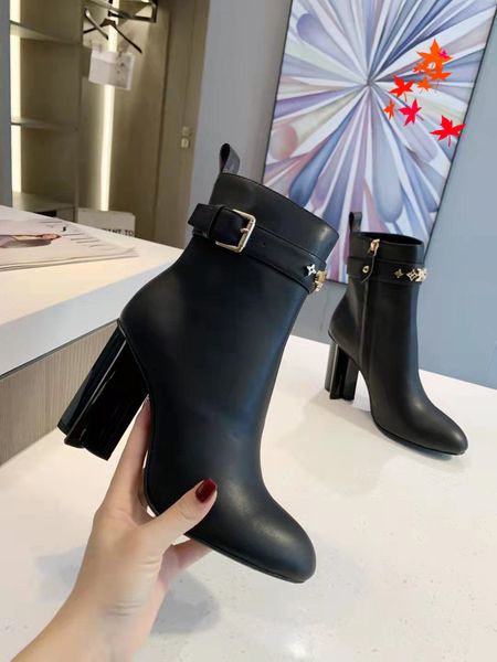 

2022 leather boots ladies short ankle cowskin boot autumn winter chunky heel martin booties fashion camfortable shoes with box size 35-40 -h, Black