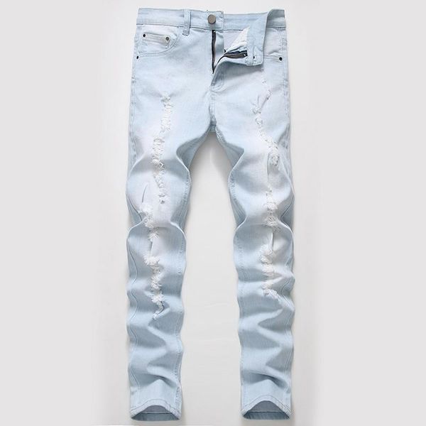 

men's jeans straight slim stretch european and american autumn light blue ripped