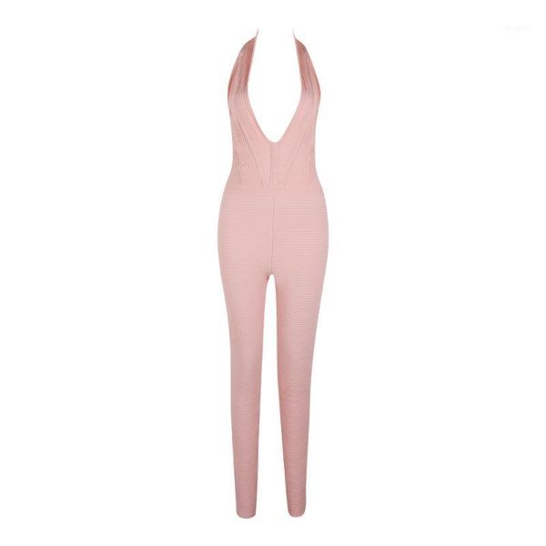 Damen Jumpsuits Strampler KLEEZY Ankunft Frau Rosa Ganzkörperansicht Sexy Club V-Ausschnitt Skinny Party Abend Bandage HL4209