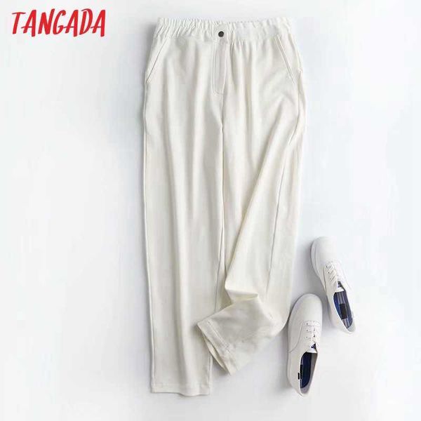 

tangada women white long pants trousers vintage style strethy waist lady pants pantalon 4c54 210609, Black;white