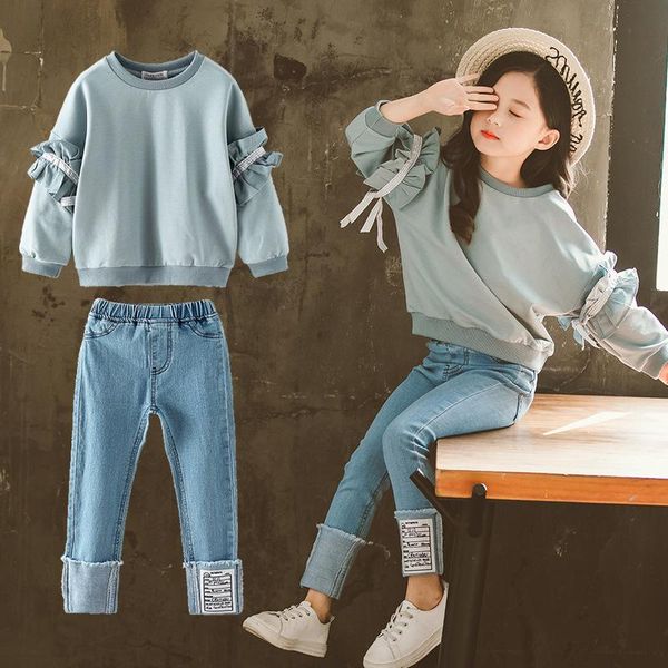 

baby girl clothes set spring in big children's lace sleeve jeans clothing autumn sets, White