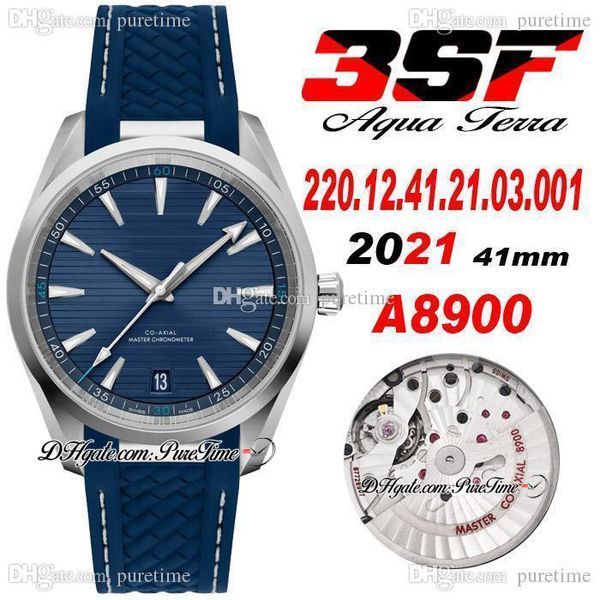 3SF Aqua Terra A8900 Mens Automático Relógio de Aço Azul Horizontal Teca padrão Dial Stick Borracha com Linha Branca Super Edição 220.12.41.21.03.001 puretime 01e5