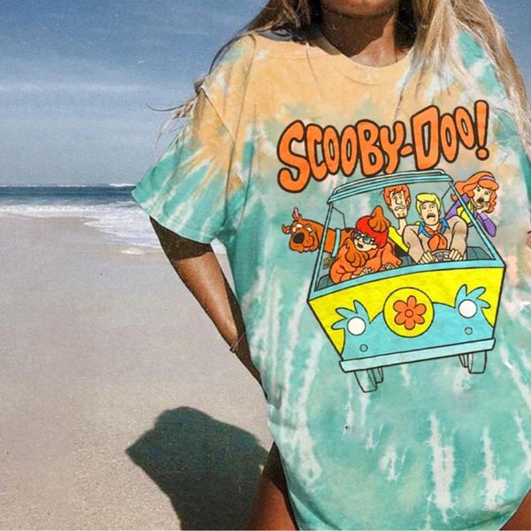 

women's t-shirt cartoon print summer round neck short-sleeved female kawaii animal letter oversized harajuku casual loose american retr, White