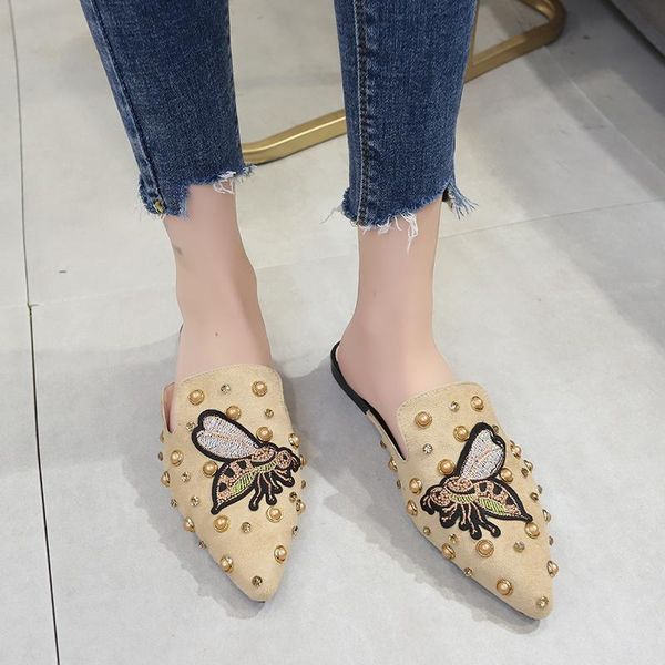 

slippers summer rivet mules shoes women animal embroidery pointed toe outdoor flock flat sandals 2021, Black