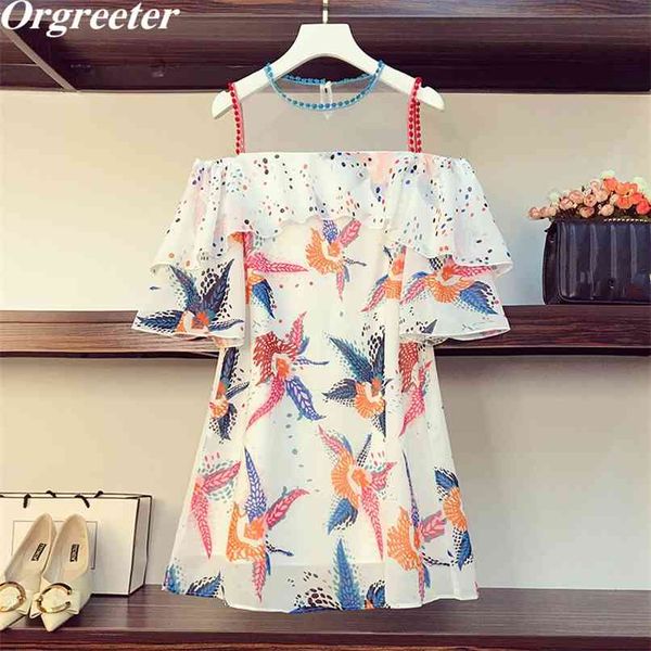 

summer floral printted chiffon dress women see though mesh patchwork lace deco short-sleeved ruffles plus size beach 210602, White