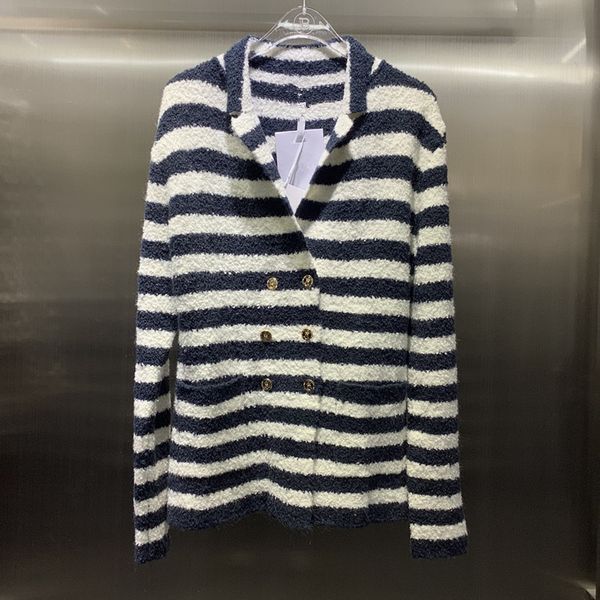 

autumn and winter 2021 new fashion lapel double row button cotton knitted striped sweater, White