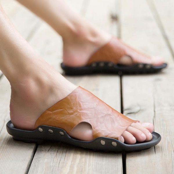 

sandals slippers men's slippers summer korean version net red flip flop outdoor herringbone leather fashion 96y8, Black