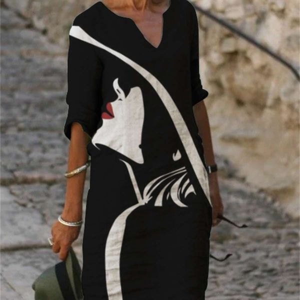 

women's short sleeve v-neck print dress in spring and summer, Black;gray