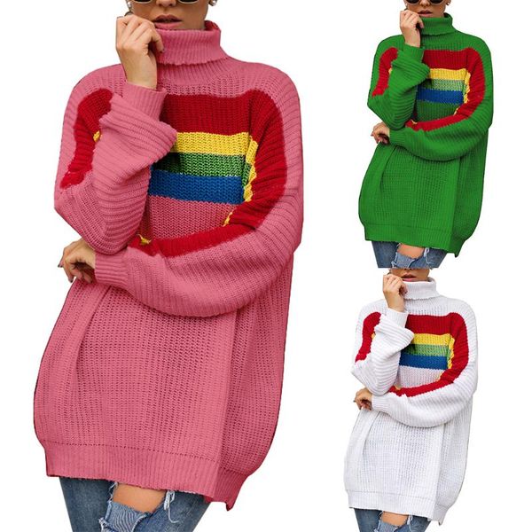 

women's sweaters turtleneck collar knitted loose sweater women 2021 casual chic cotton warming female long striped pullover, White;black