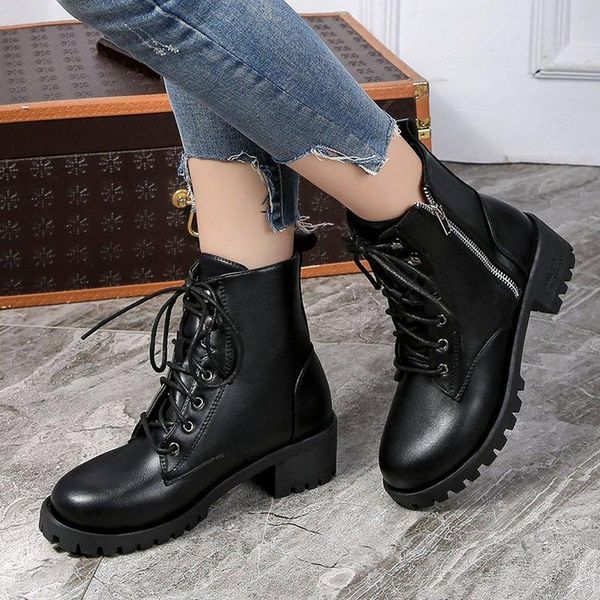 

boots motorcycle ladies vintage combat autumn army punk goth women biker pu leather short, Black
