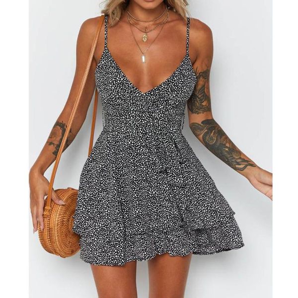 

casual dresses women deep v-neck sleeveless dot print cascading ruffle bandage mini strap dress beach party sundress vestidos 2021, Black;gray