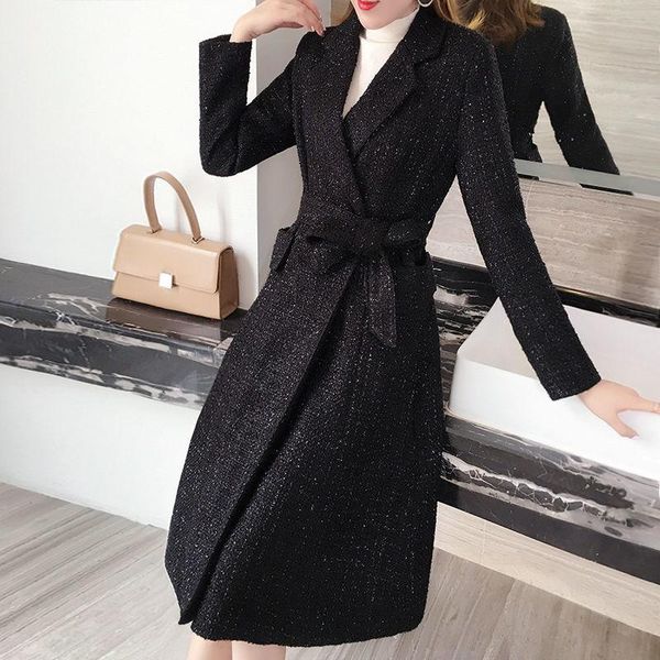 

women's wool & blends women 2021 autumn winter fashion woolen outwears female solid color overciats with belt laides mid-long slim jack, Black