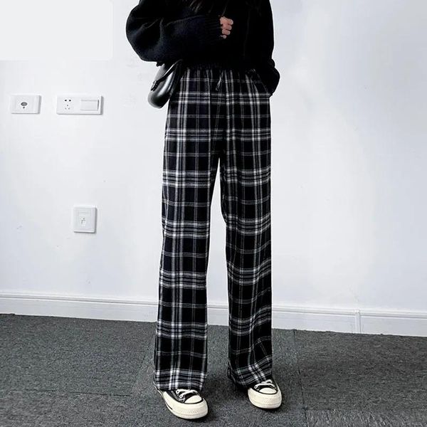 

women's pants & capris plaid for women bottom harajuku trousers high waist fashion summer wide leg pant, Black;white