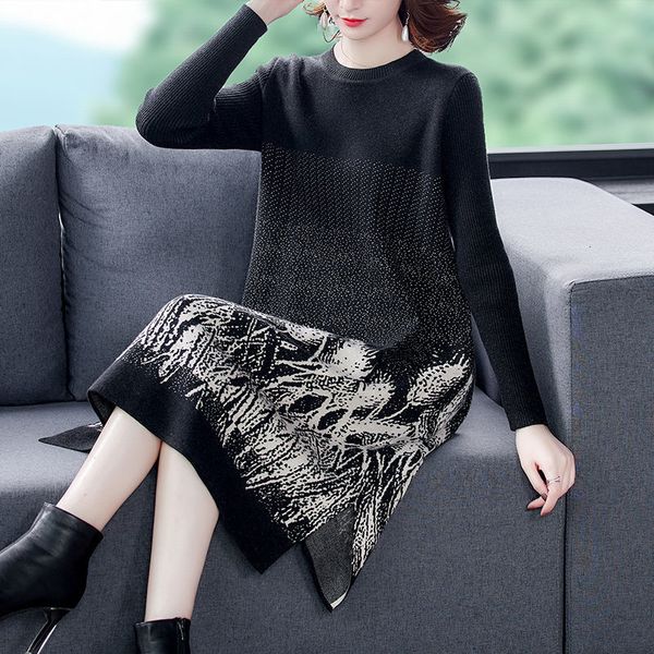 

dress autumn dressed in midi loose vintage woman sweater knitted shirt the sleeve long neck printing springtime mesh y865 n03j, Black;gray