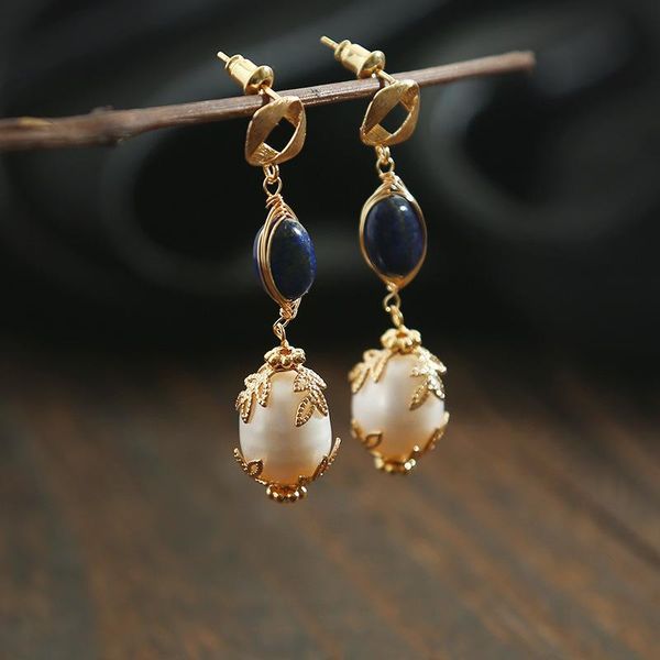 

dangle & chandelier charm drop earrings natural lapis lazuli for women wedding gift pearl hand created fashion jewelry, Silver
