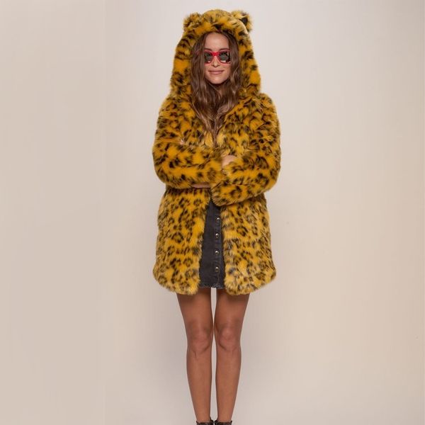 

2021 yellow leopard print coat imitation fur women's hoodie cartoon plush with ears, Black
