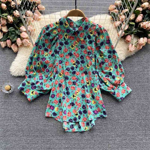 

blouse women spring autumn lapel puff sleeve floral print shirts loose streetwear fashion korean chic blouses 210531, White