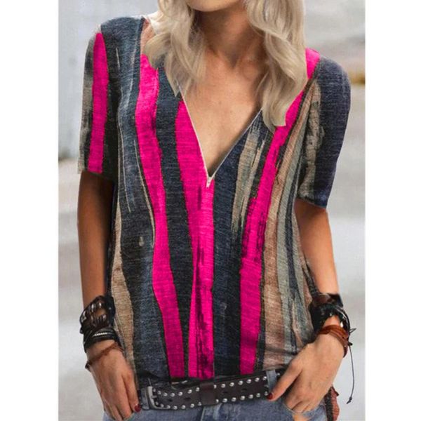 

women's t-shirt summer tie dye print v neck striped short sleeve women t shirt casual plus size korean clothes y2241a, White